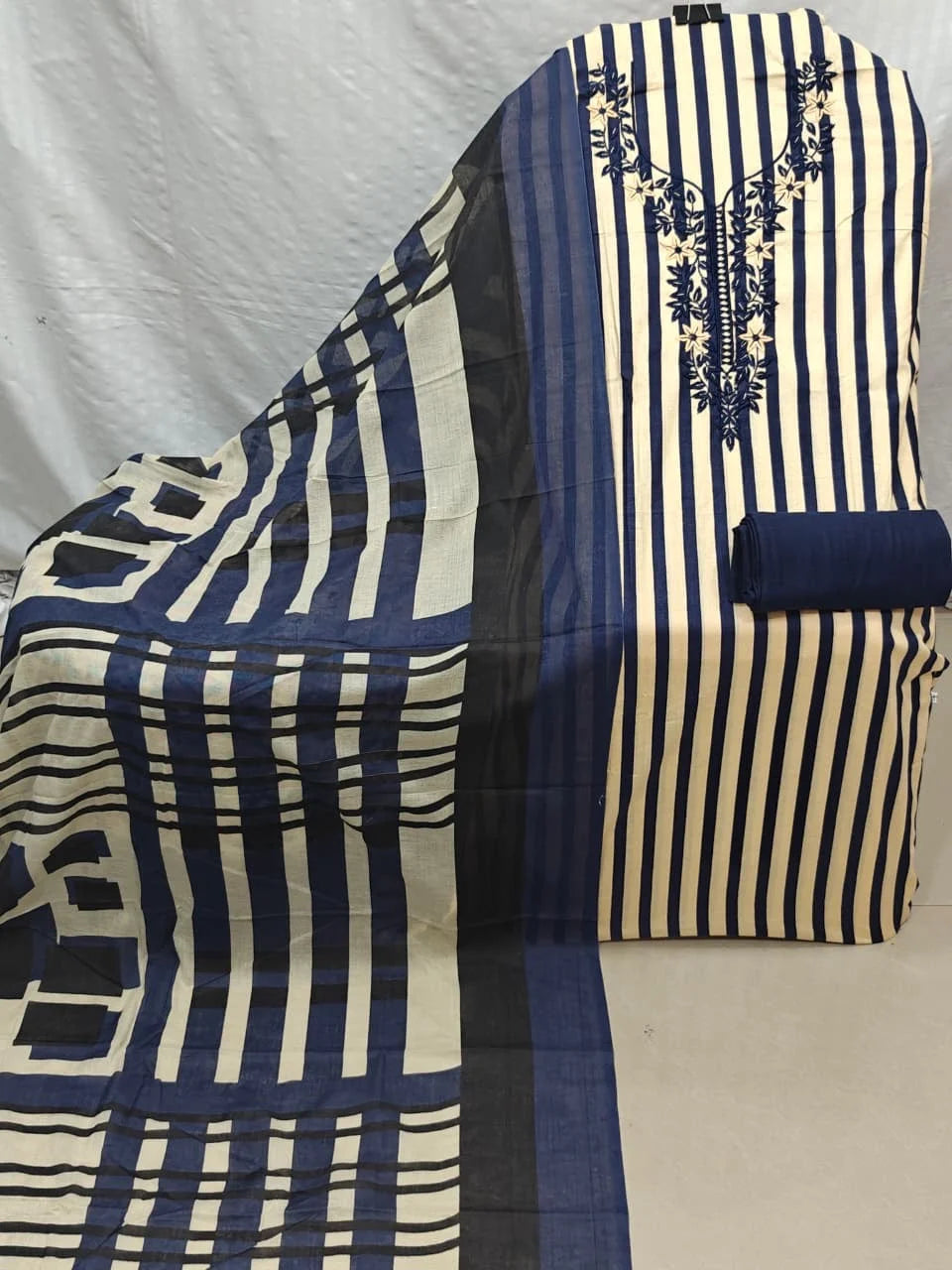 Navy Blue & Cream Stripe Cotton Unstitched Suit with Embroidered Neck, Plain Bottom & Printed Dupatta