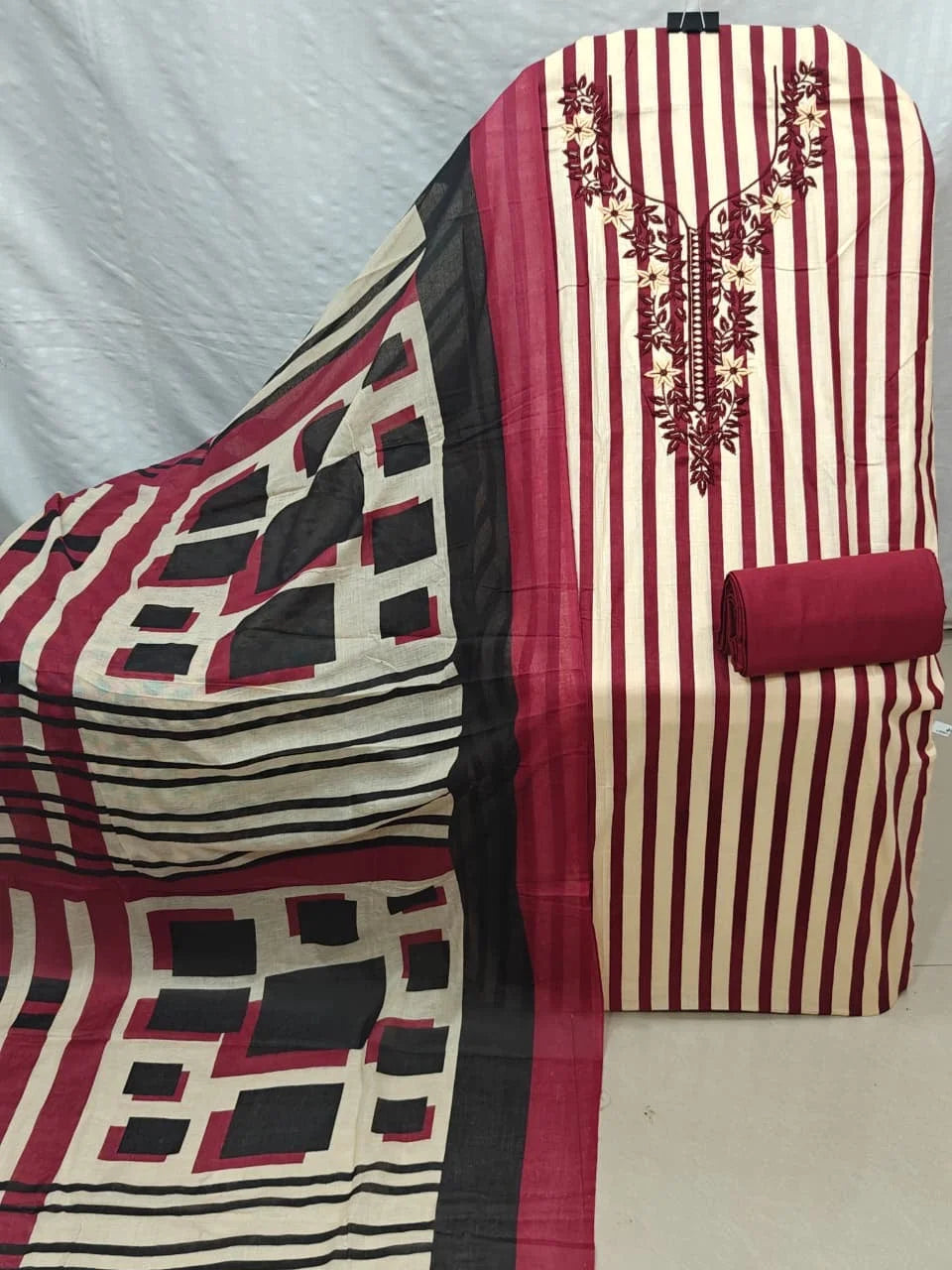 Maroon & Cream Stripe Cotton Unstitched Suit with Embroidered Neck, Plain Bottom & Printed Dupatta
