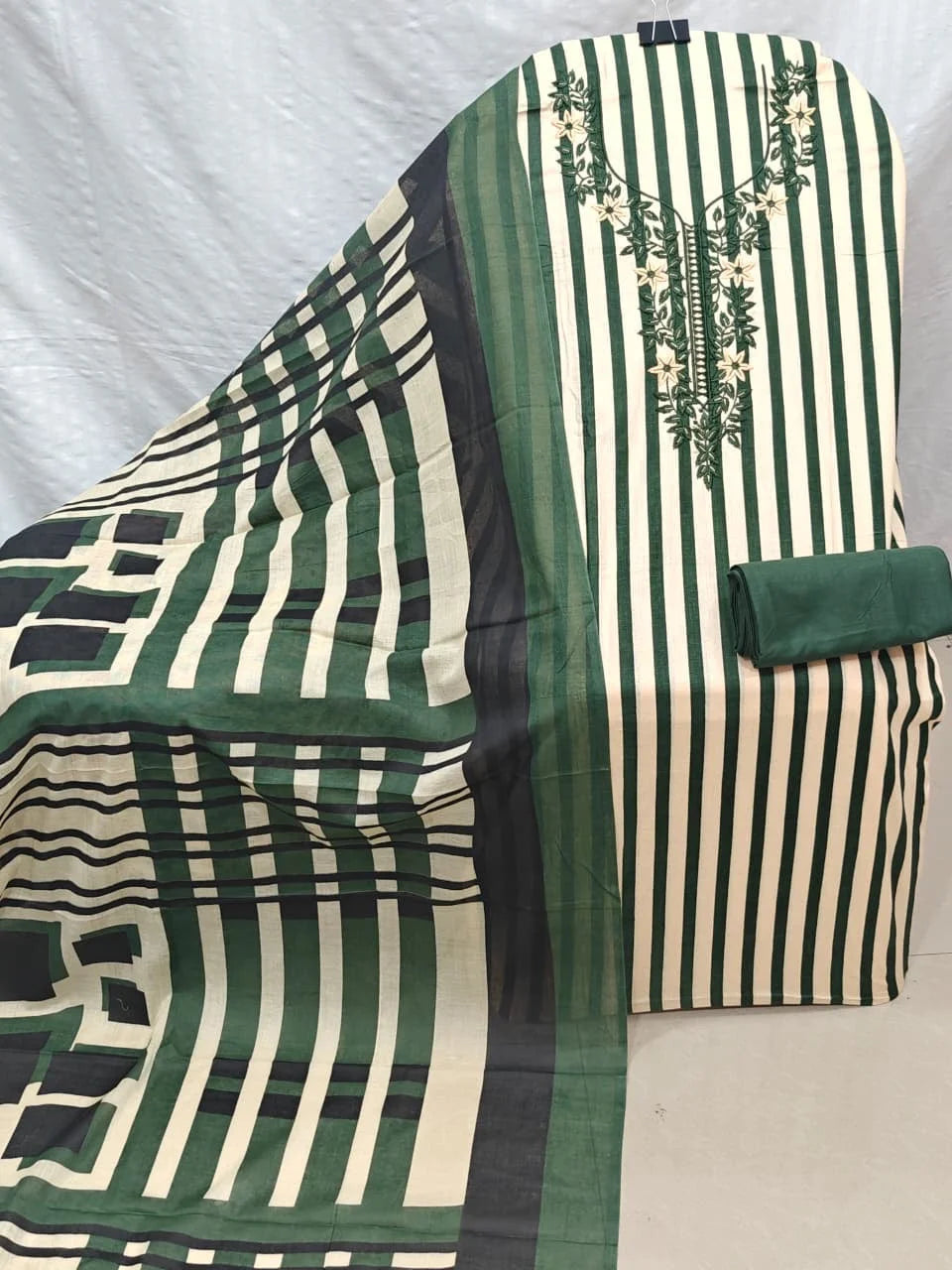 Bottle Green & Cream Stripe Cotton Unstitched Suit with Embroidered Neck, Plain Bottom & Printed Dupatta
