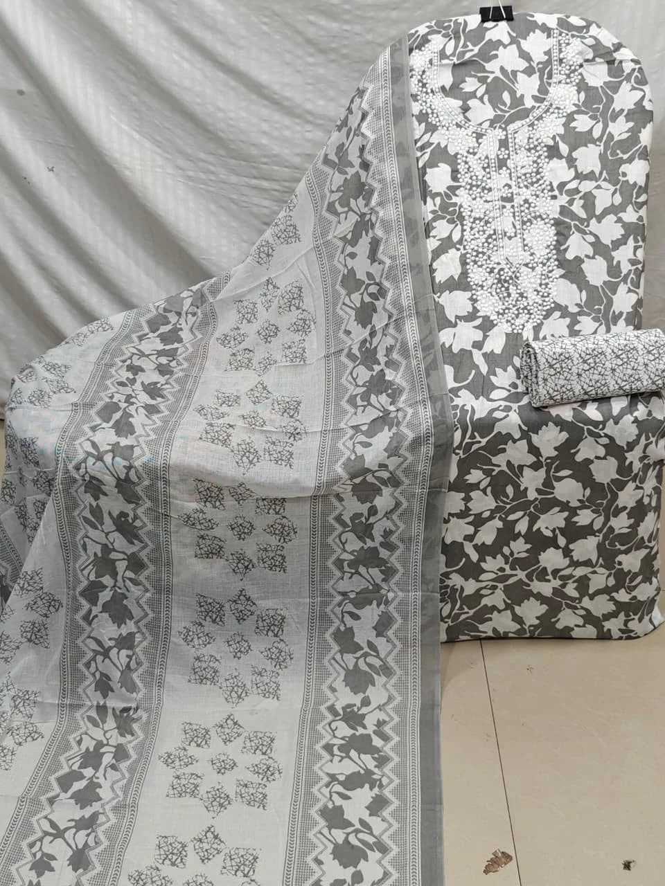 Grey Leaf Print Cotton Unstitched Suit with White Embroidered Neck, Printed Bottom & Dupatta