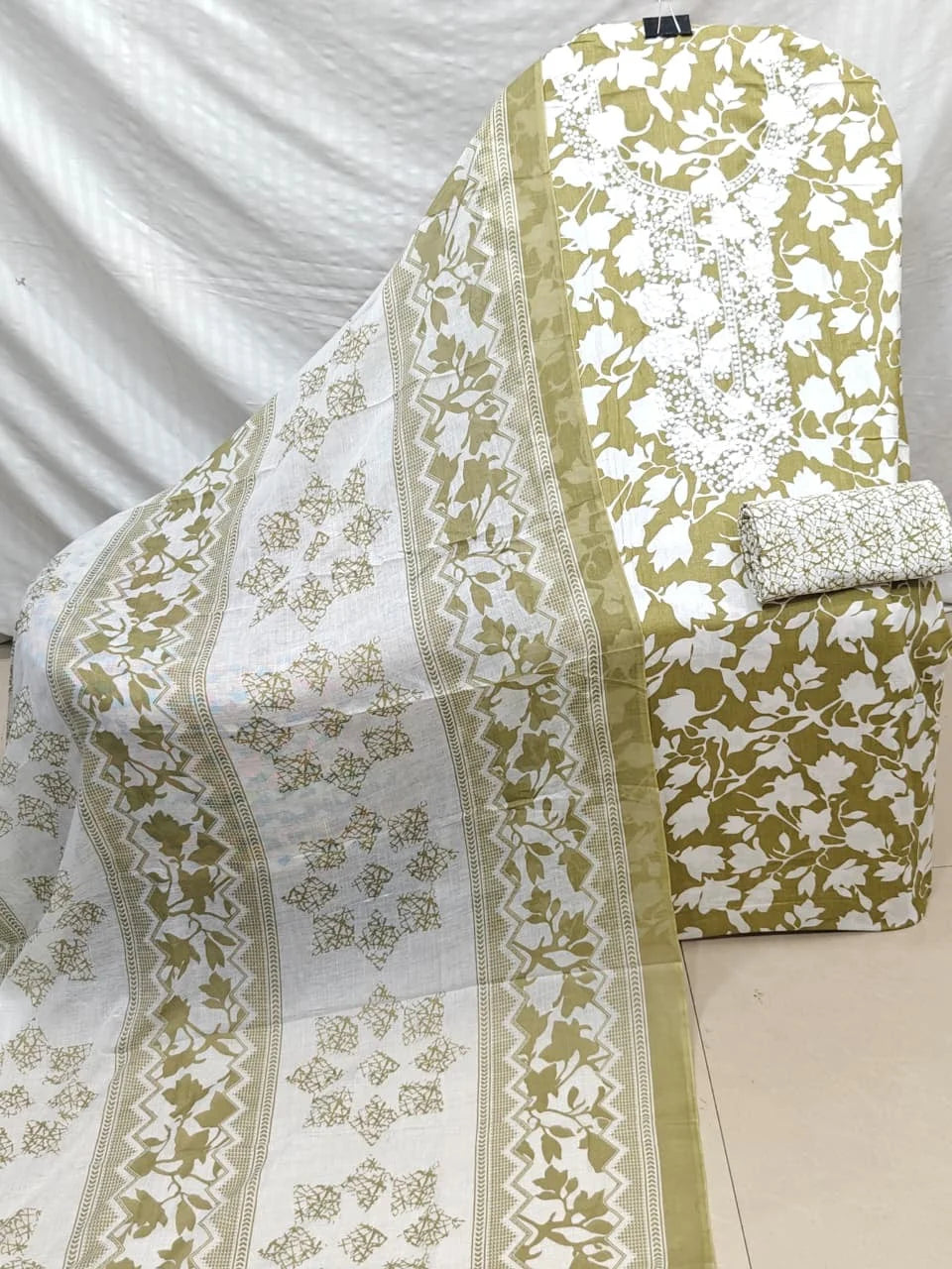 Olive Green Leaf Print Cotton Unstitched Suit with White Embroidered Neck, Printed Bottom & Dupatta