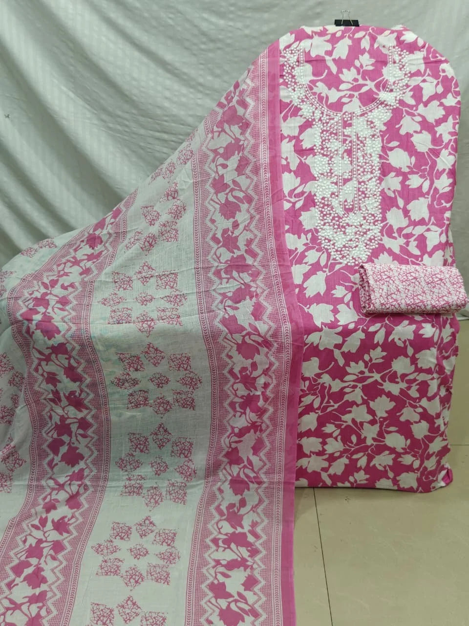 Rani Pink Leaf Print Cotton Unstitched Suit with White Embroidered Neck, Printed Bottom & Dupatta