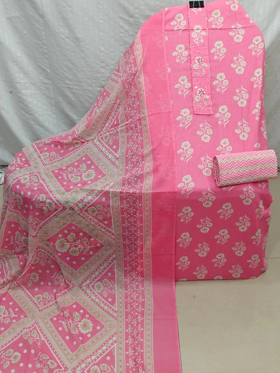 Coral Pink Floral Buti Cotton Unstitched Suit with Embroidered Placket, Chevron Bottom & Printed Dupatta