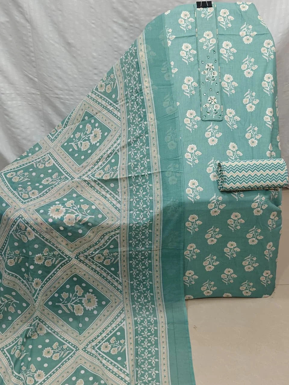 Sea Green Floral Buti Cotton Unstitched Suit with Embroidered Placket, Chevron Bottom & Printed Dupatta