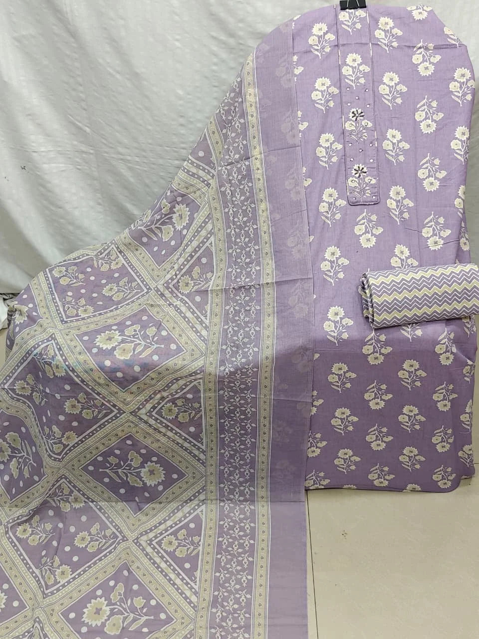 Lavender Floral Buti Cotton Unstitched Suit with Embroidered Placket, Chevron Bottom & Printed Dupatta
