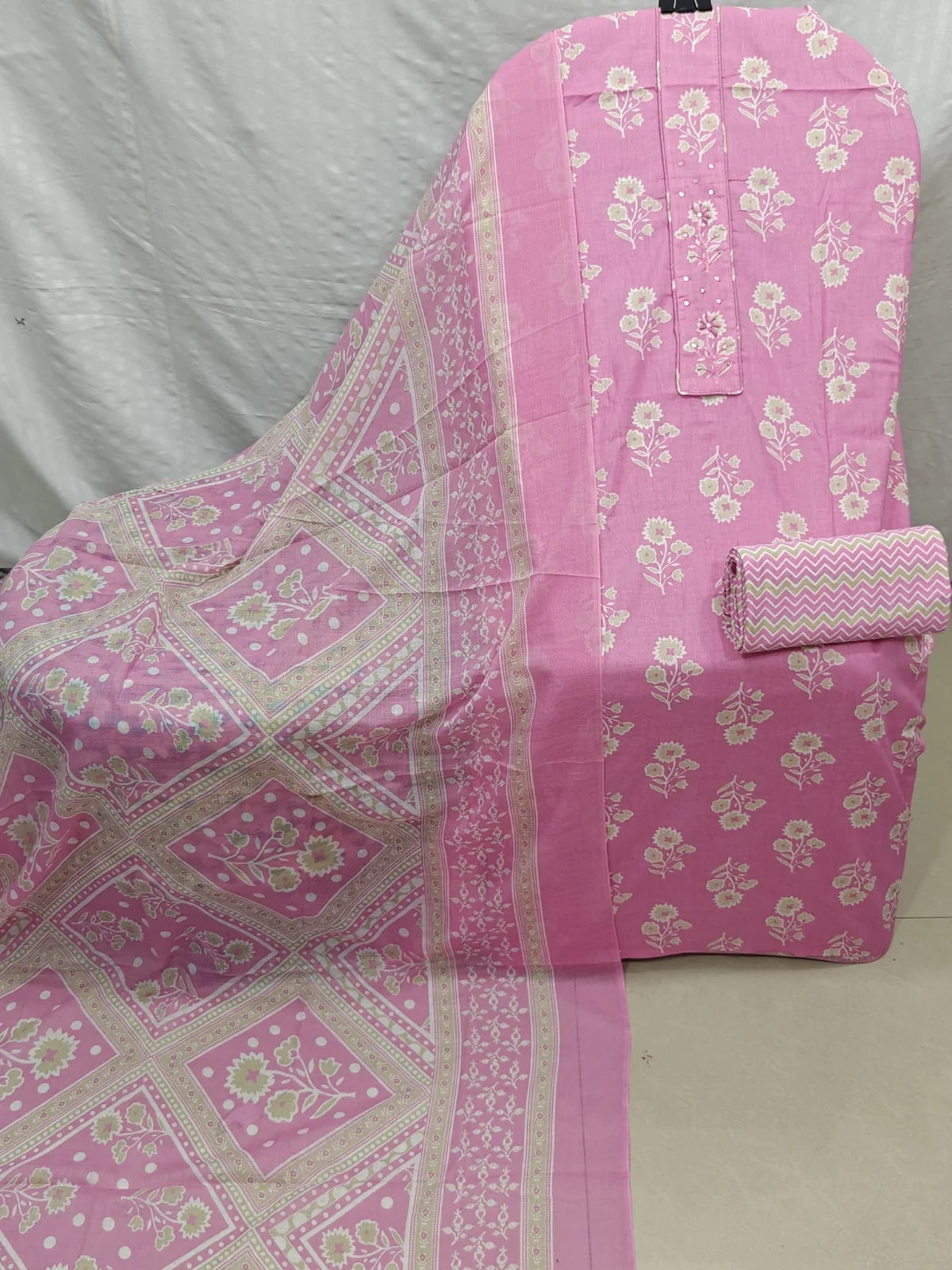 Baby Pink Floral Buti Cotton Unstitched Suit with Embroidered Placket, Chevron Bottom & Printed Dupatta