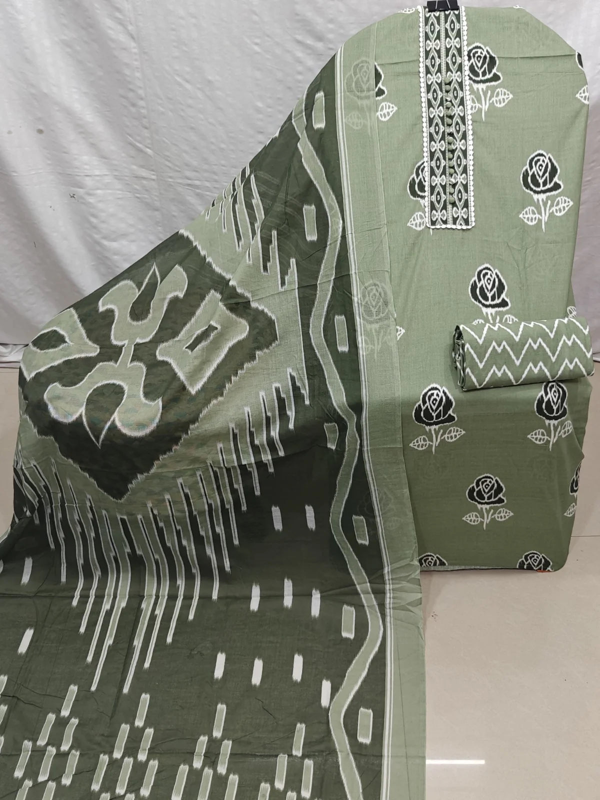 Sage Green Rose Print Cotton Unstitched Suit with Lace Placket, Zigzag Bottom & Ikat Dupatta