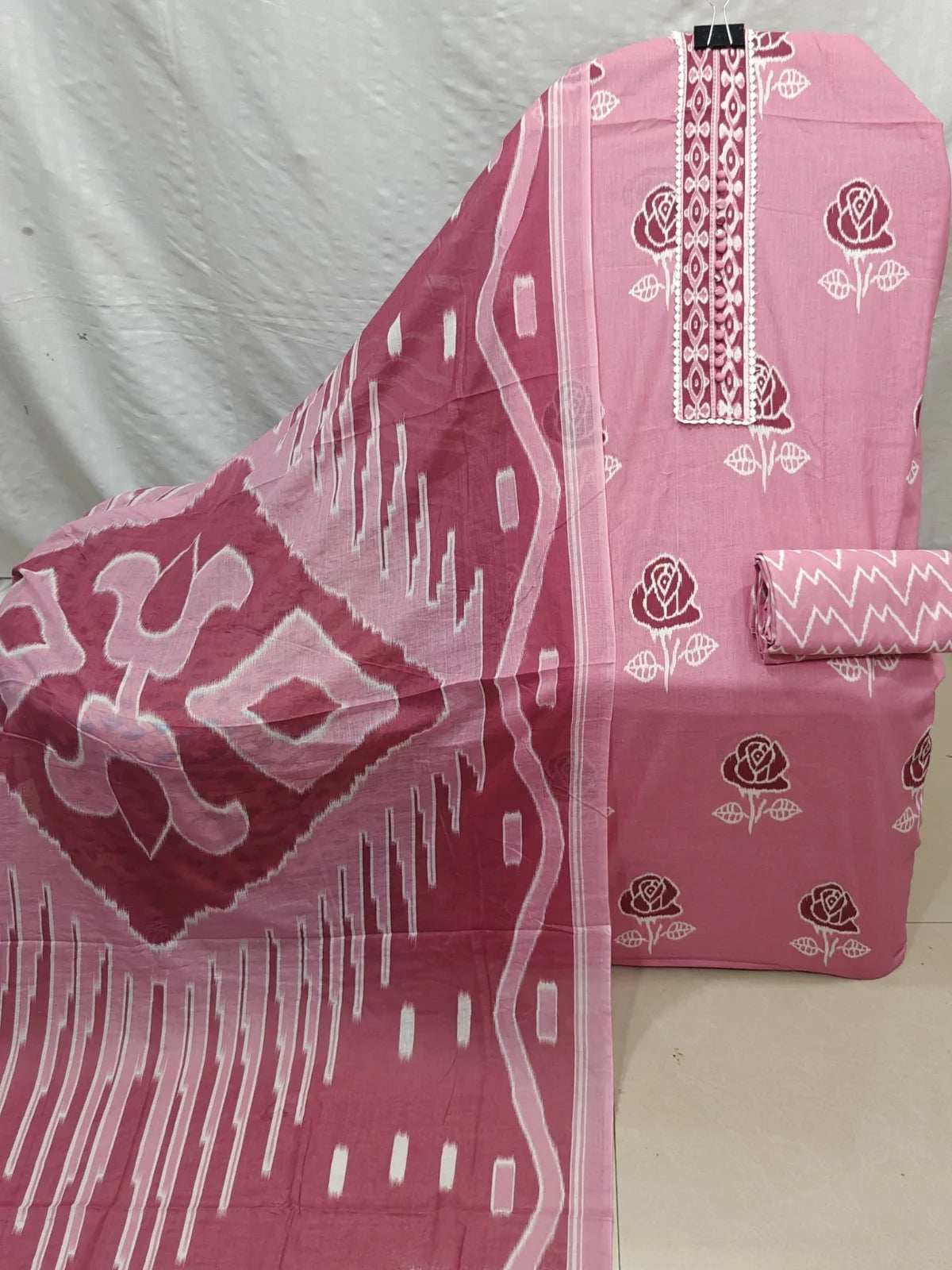 Onion Pink Rose Print Cotton Unstitched Suit with Lace Placket, Zigzag Bottom & Ikat Dupatta