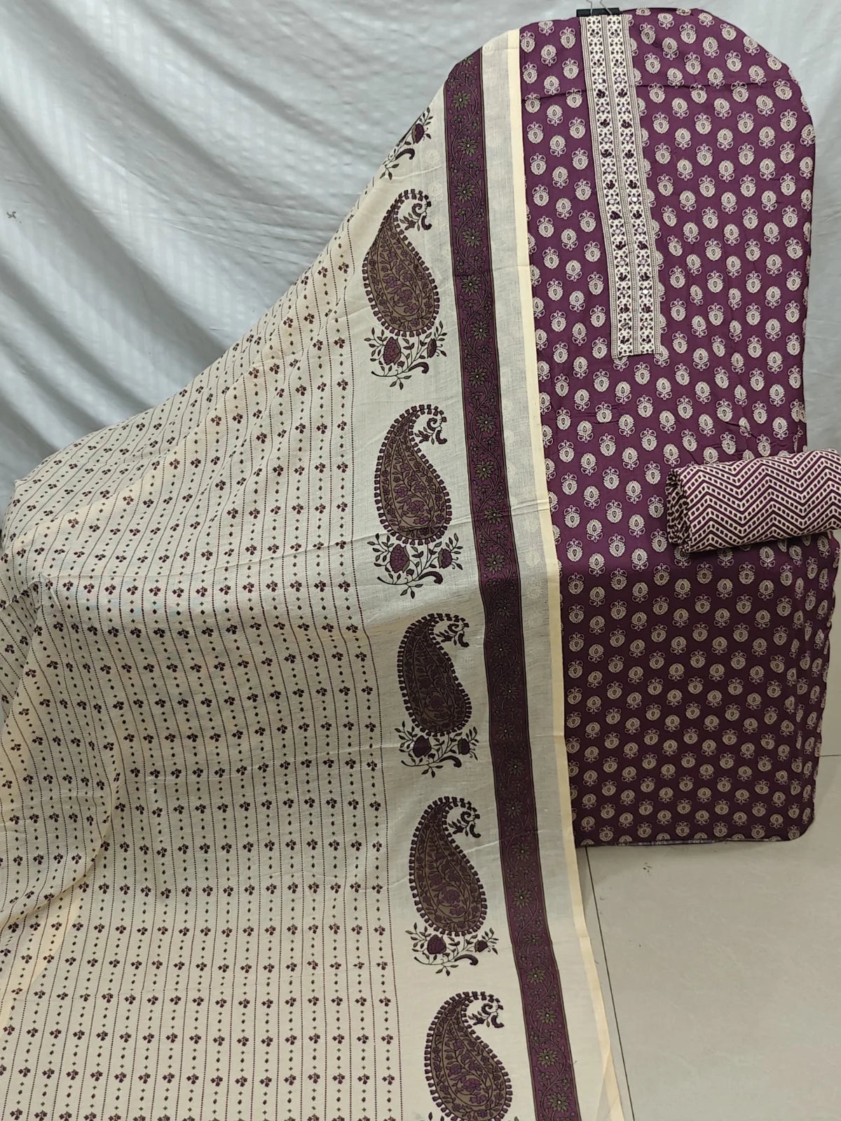 Wine Buta Print Cotton Unstitched Suit with Mirror Work Placket, Chevron Bottom & Paisley Dupatta