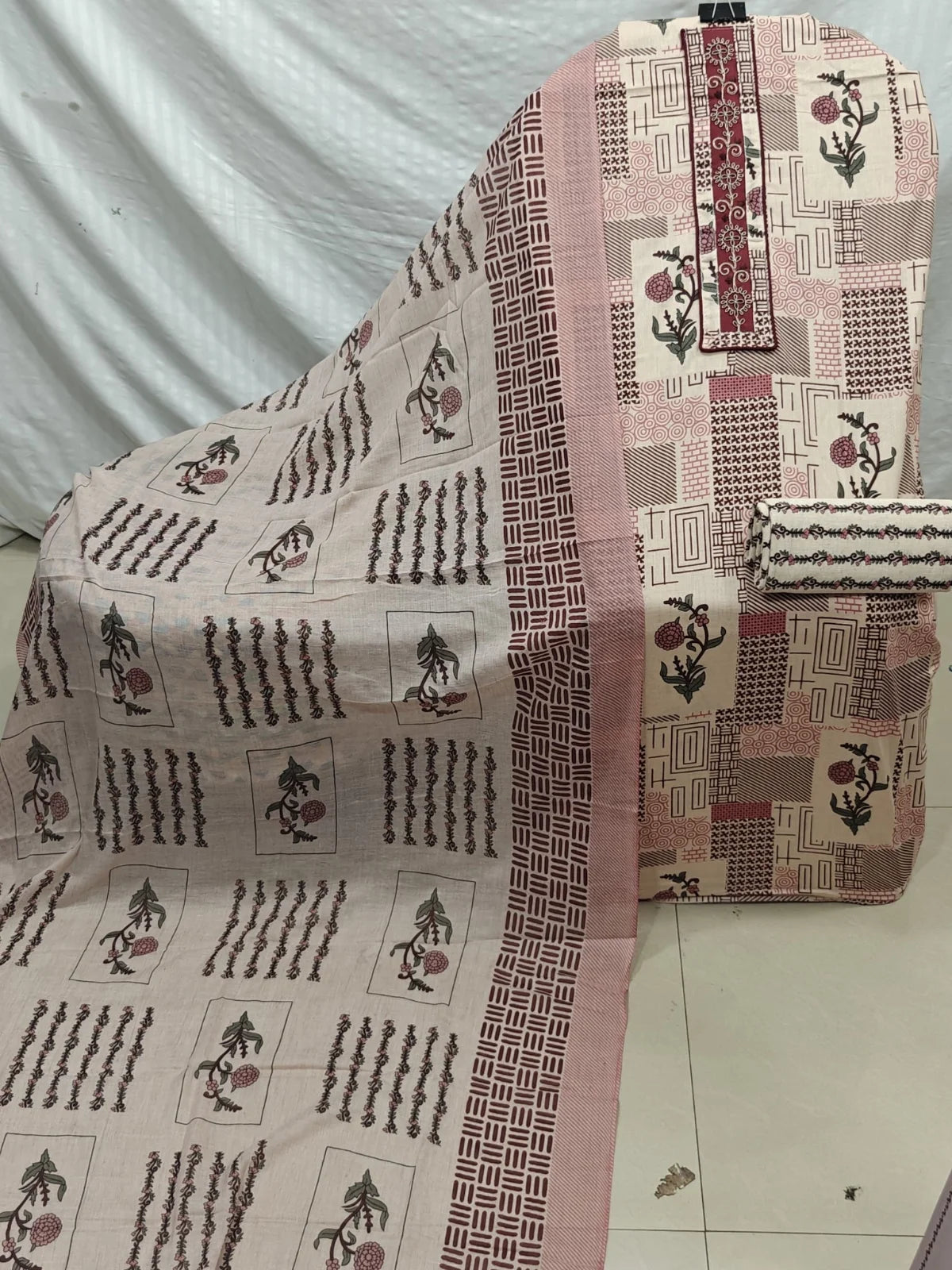 Cream & Pink Patchwork Print Cotton Unstitched Suit with Embroidered Placket, Floral Stripe Bottom & Printed Dupatta