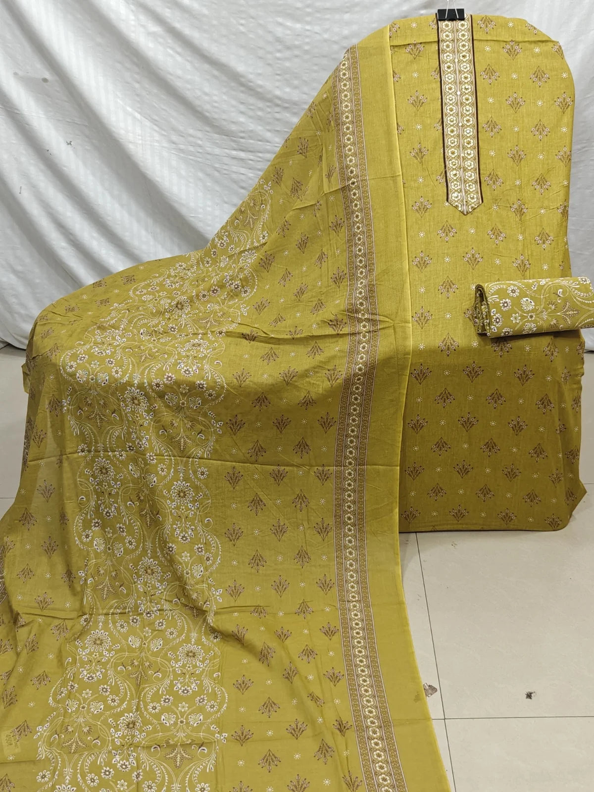 Mustard Green Buti Print Cotton Unstitched Suit with Printed Placket, Jaal Print Bottom & Dupatta