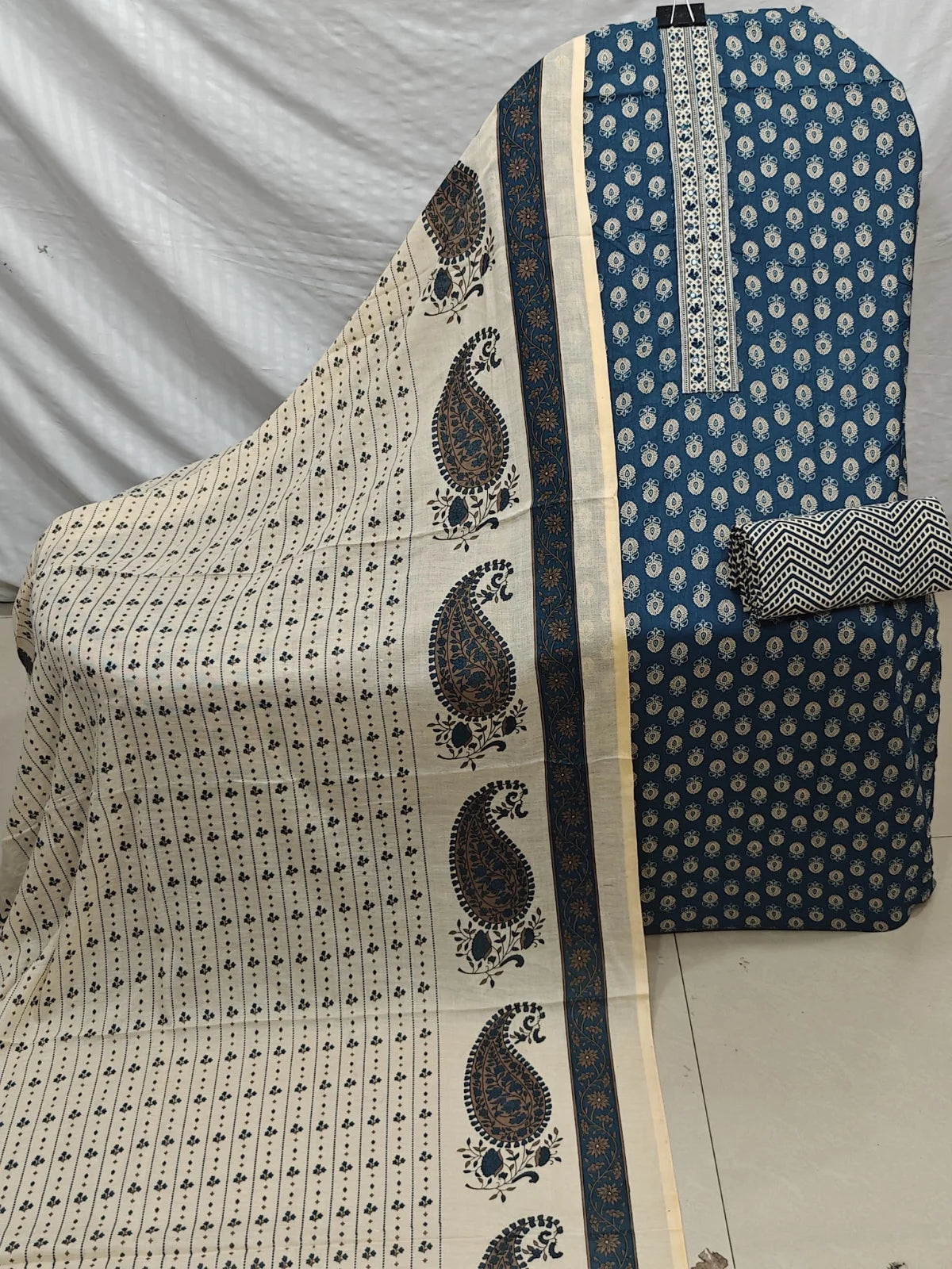 Teal Blue Buta Print Cotton Unstitched Suit with Mirror Work Placket, Chevron Bottom & Paisley Dupatta