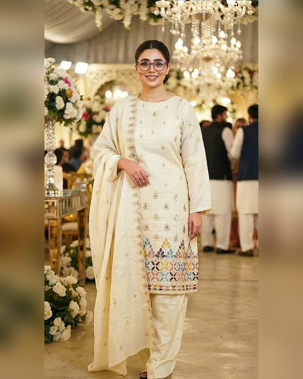 Cream natural organza wedding suit with gold embroidery and multicolour embroidered hem, plazo pant and organza dupatta - ASC Fashion Store