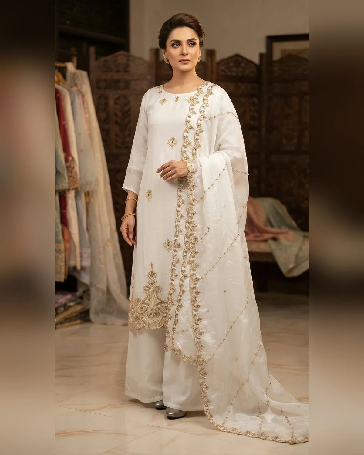 Ivory natural crepe wedding suit with pearl and gold embroidery, plazo pant and scalloped embroidered dupatta - ASC Fashion Store