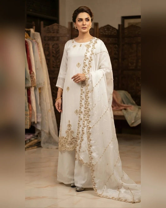 Ivory natural crepe wedding suit with pearl and gold embroidery, plazo pant and scalloped embroidered dupatta - ASC Fashion Store