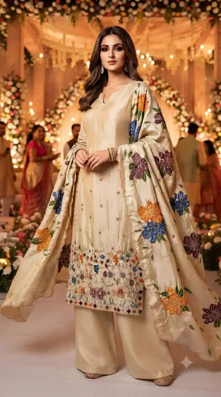 Beige natural organza wedding suit with pearl and gold embroidery, plazo pant and floral embroidered dupatta - ASC Fashion Store