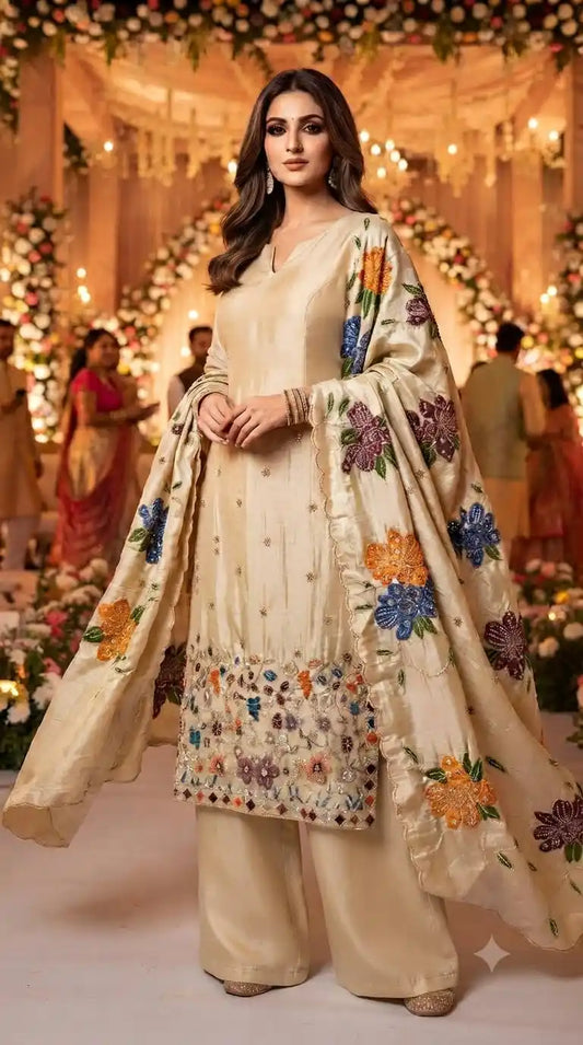 Beige natural organza wedding suit with pearl and gold embroidery, plazo pant and floral embroidered dupatta - ASC Fashion Store