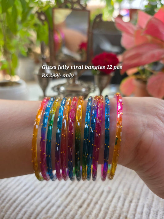 Glass jelly viral bangles, set of 12, multicolour