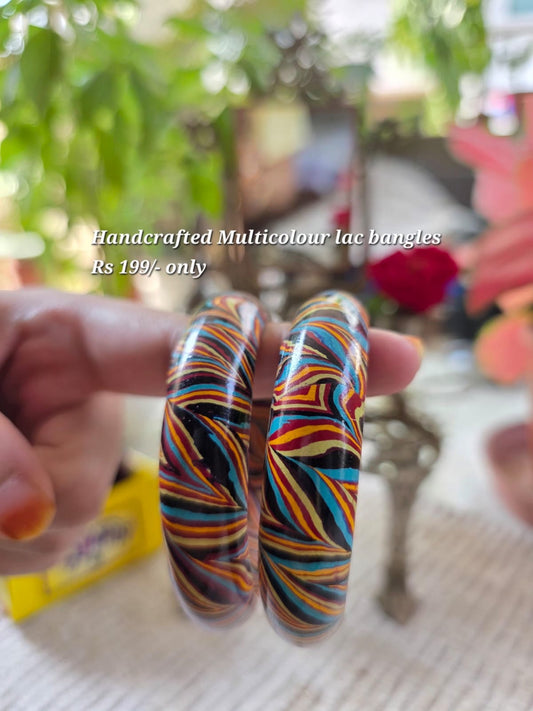 Handcrafted marble swirl lac bangles, blue orange