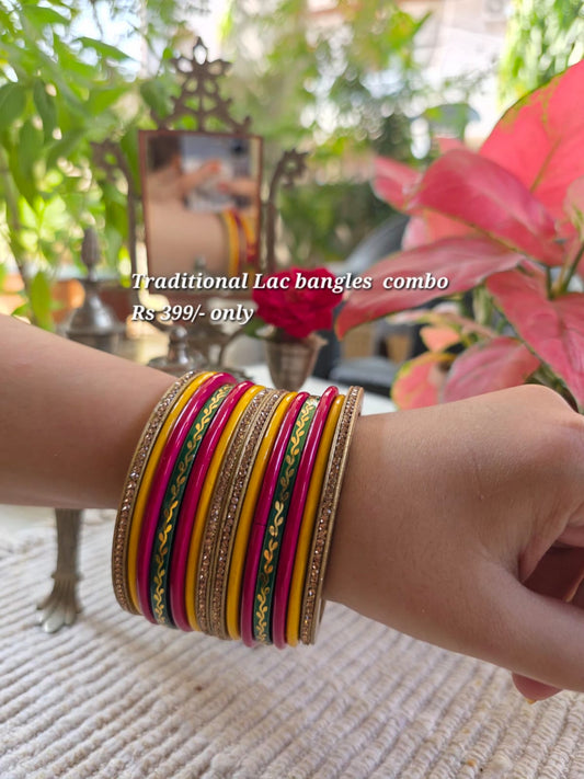 Traditional lac bangles combo, pink, yellow and green