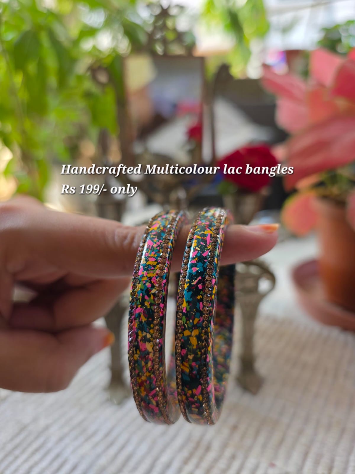 Handcrafted multicolour lac bangles with stone border, black teal