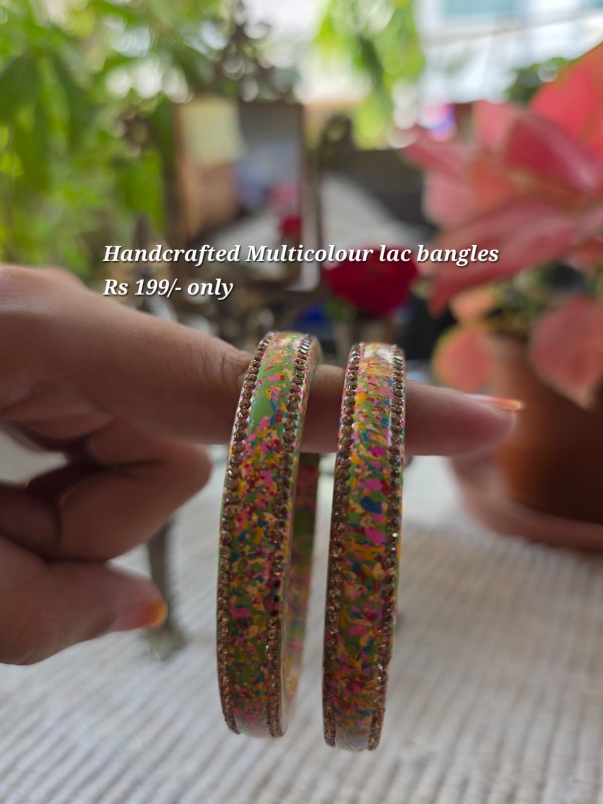 Handcrafted multicolour lac bangles with stone border, green