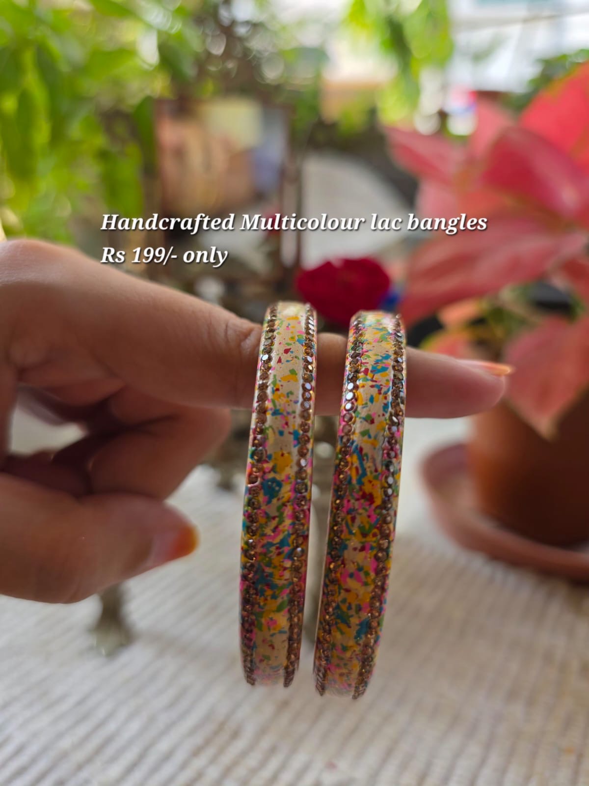 Handcrafted multicolour lac bangles with stone border, ivory