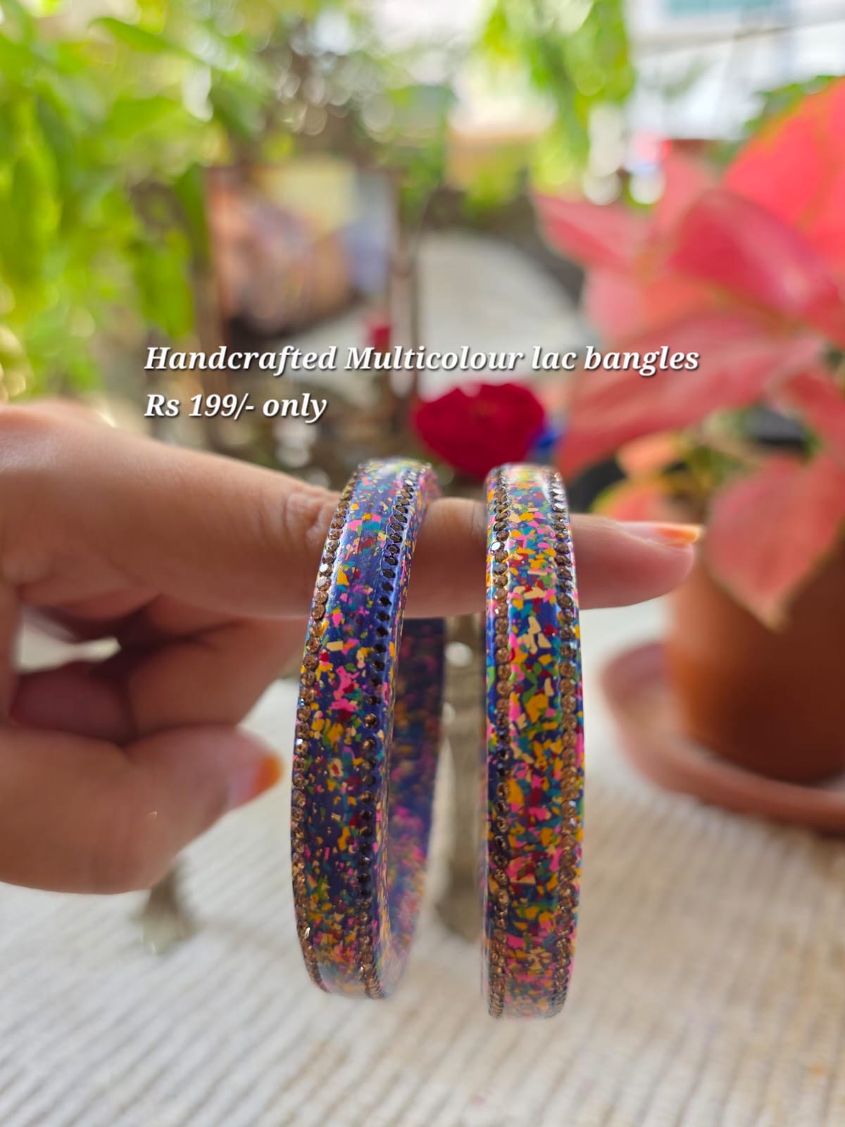 Handcrafted multicolour lac bangles with stone border, navy blue