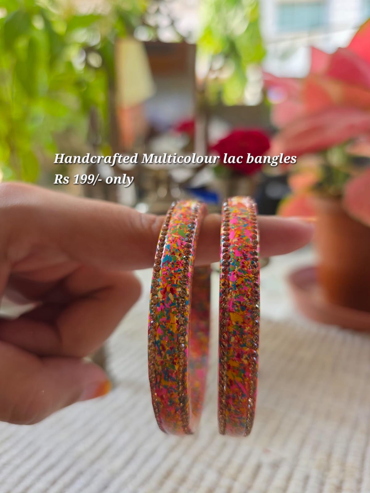 Handcrafted multicolour lac bangles with stone border, pink