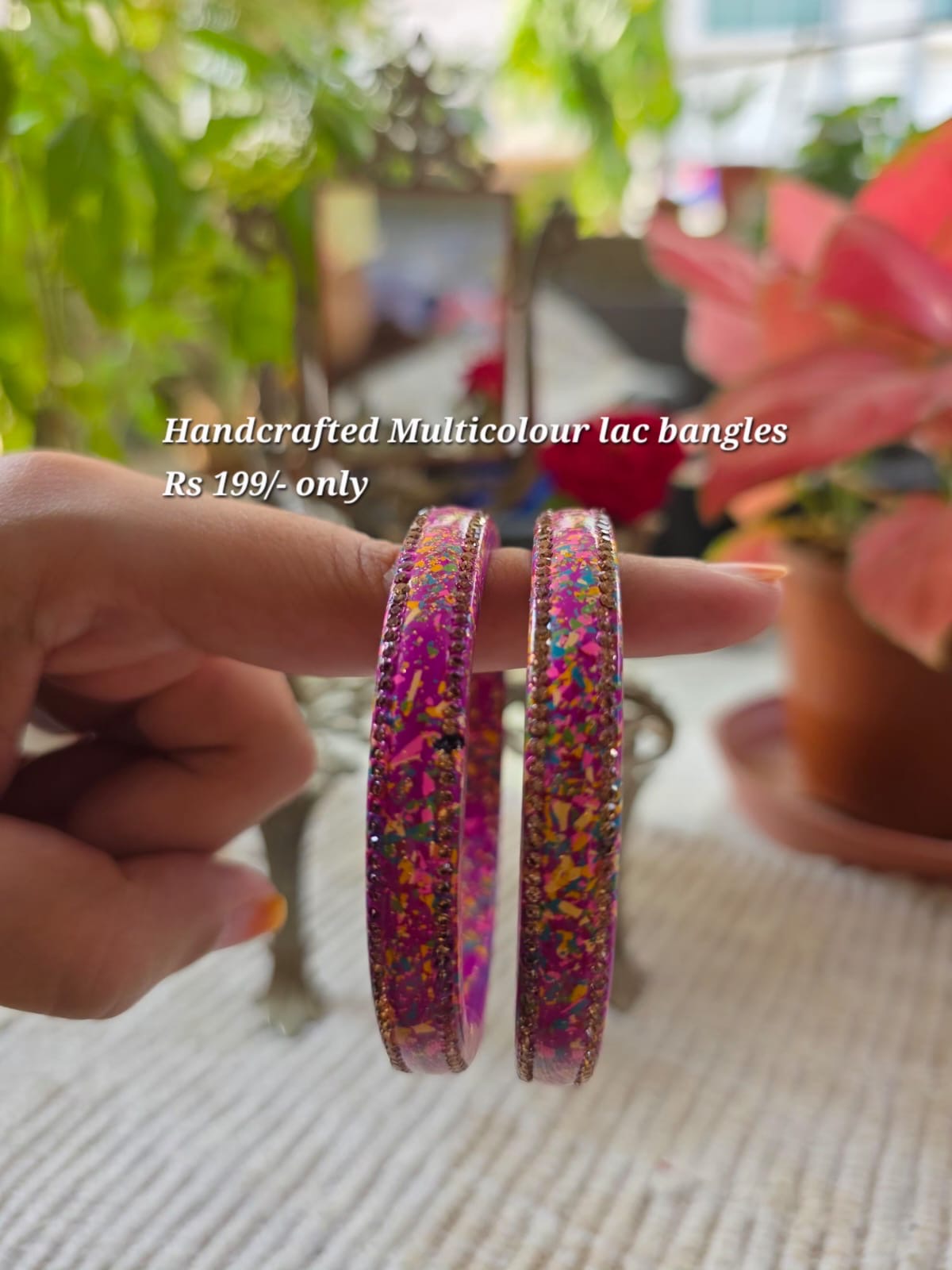 Handcrafted multicolour lac bangles with stone border, purple