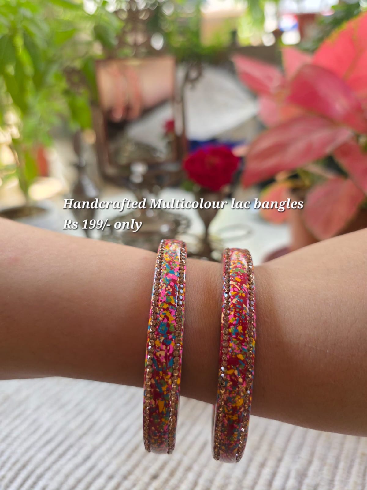 Handcrafted multicolour lac bangles with stone border, red