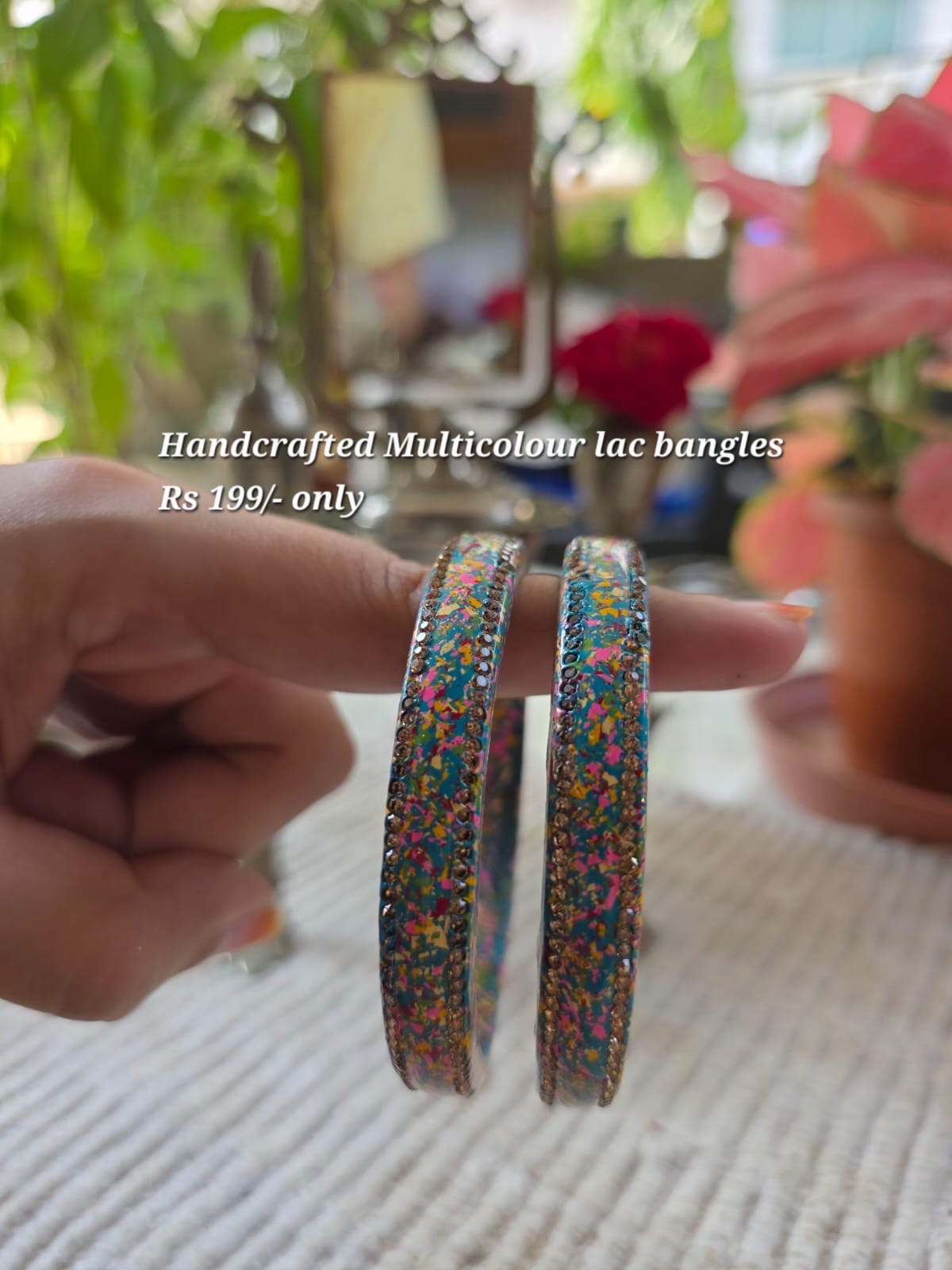 Handcrafted multicolour lac bangles with stone border, sky blue