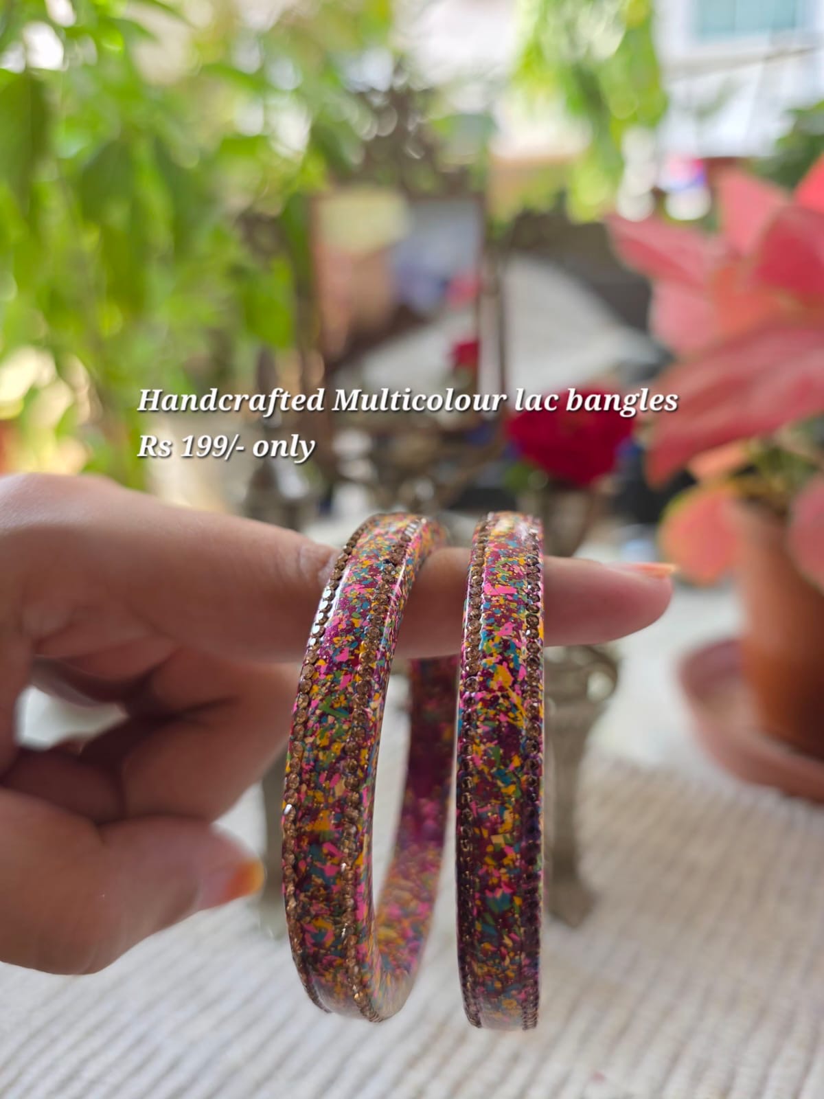 Handcrafted multicolour lac bangles with stone border, wine