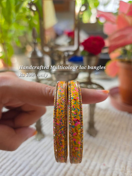Handcrafted multicolour lac bangles with stone border, yellow