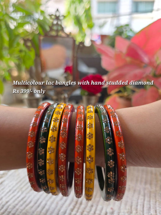 Multicolour lac bangles with hand-studded stones