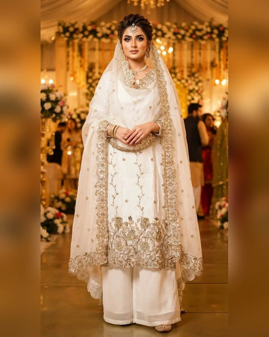 Ivory natural crepe wedding suit with heavy gold glass and beads embroidery, plazo pant and embroidered dupatta - ASC Fashion Store