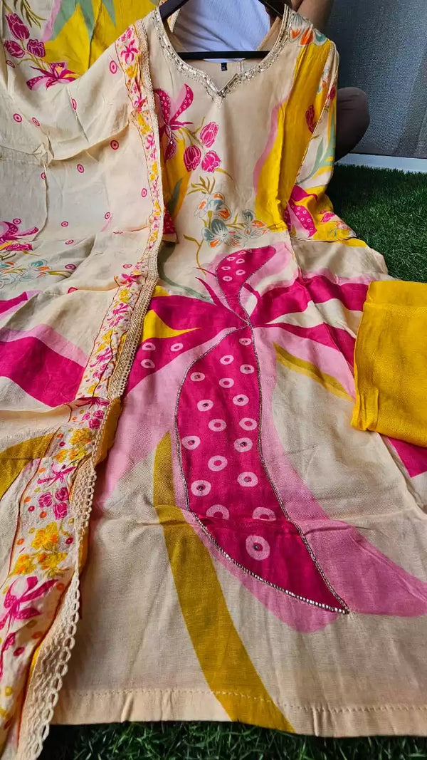 Readymade Pure Maslin  Pakistani Print With Embroidery, Maslin Dupatta, Rayon Pant With Miyani