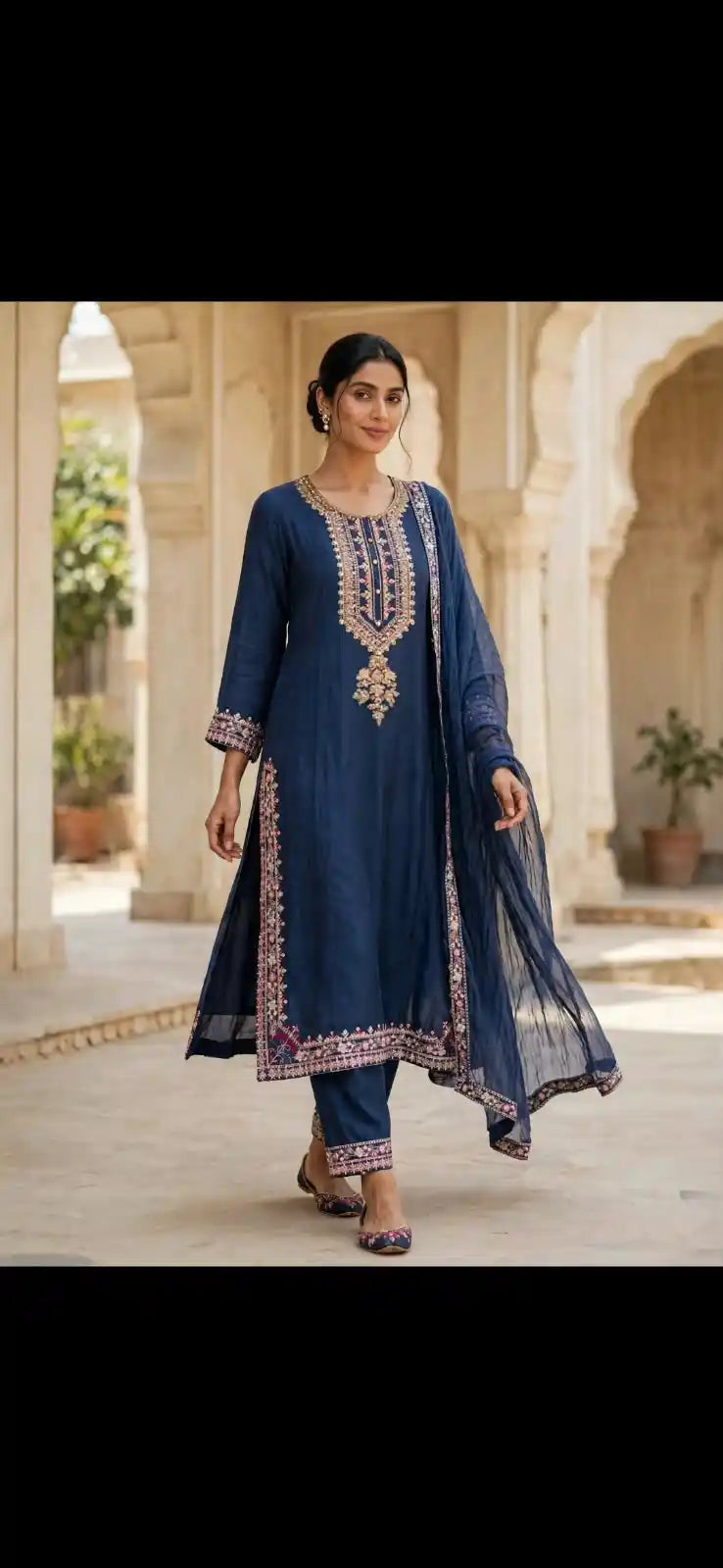 Navy blue  straight-fit kurta featuring traditional embroidery designer suit
