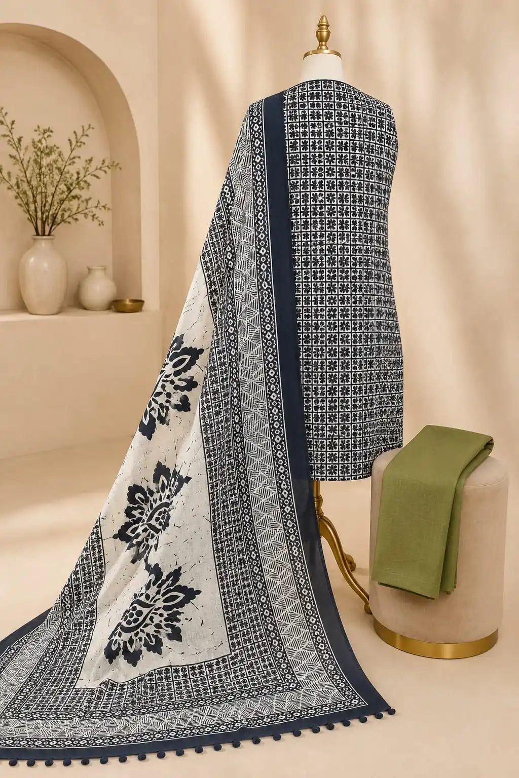 Premium White Cotton Traditional Panel Batik Dress Material