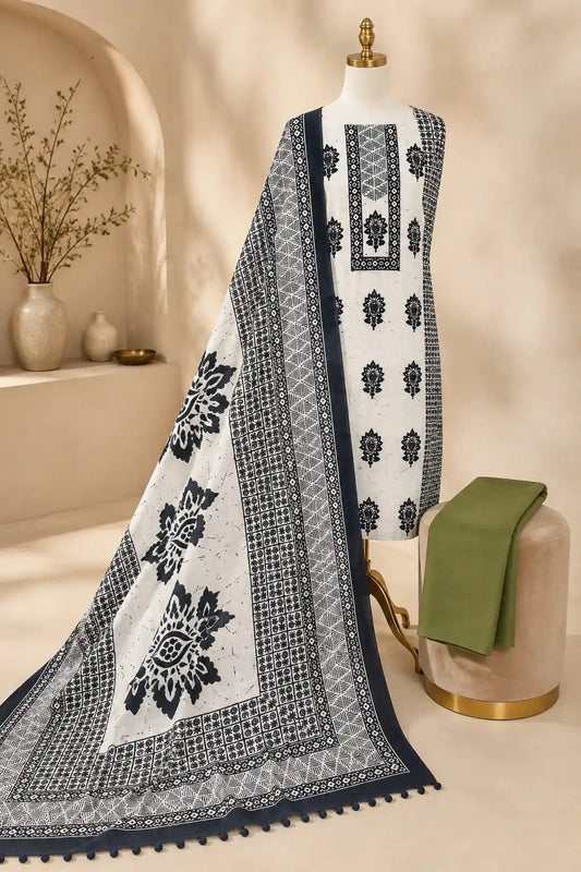 Premium White Cotton Traditional Panel Batik Dress Material