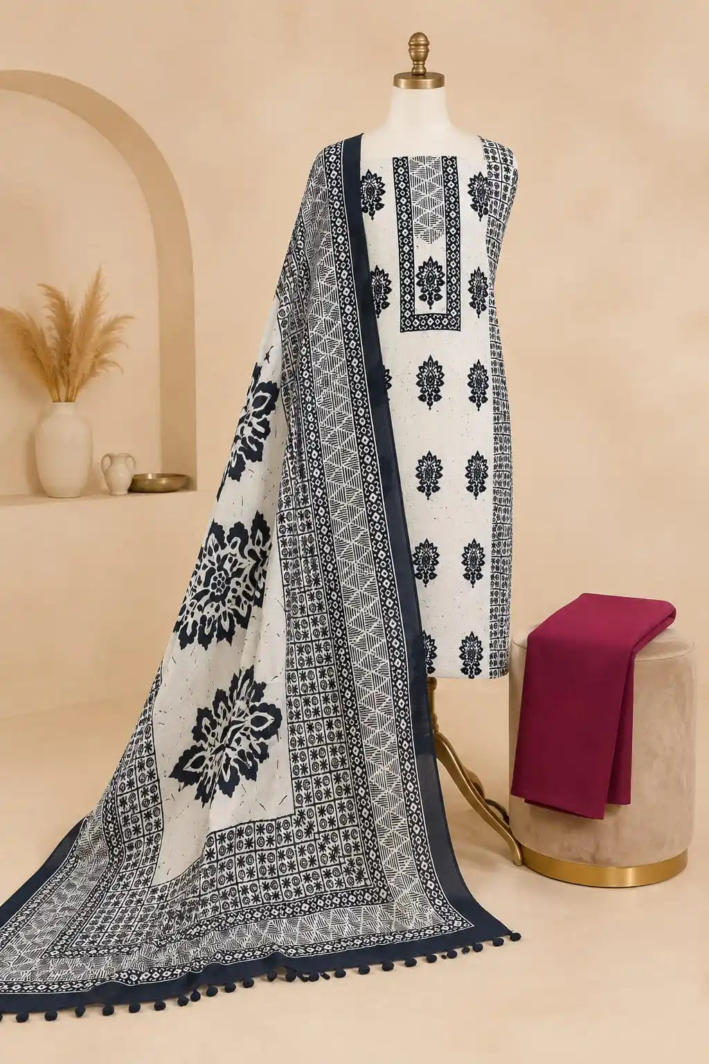 Premium White Cotton Traditional Panel Batik Dress Material
