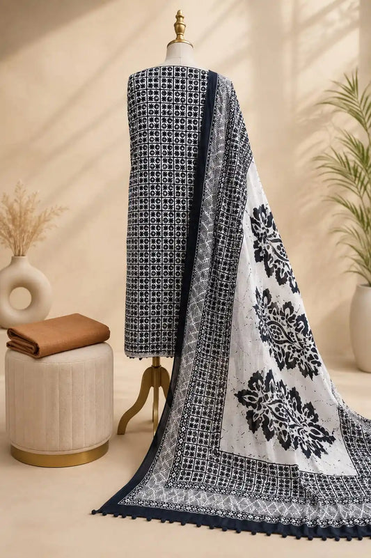 Premium White Cotton Traditional Panel Batik Dress Material with Orange Salwar