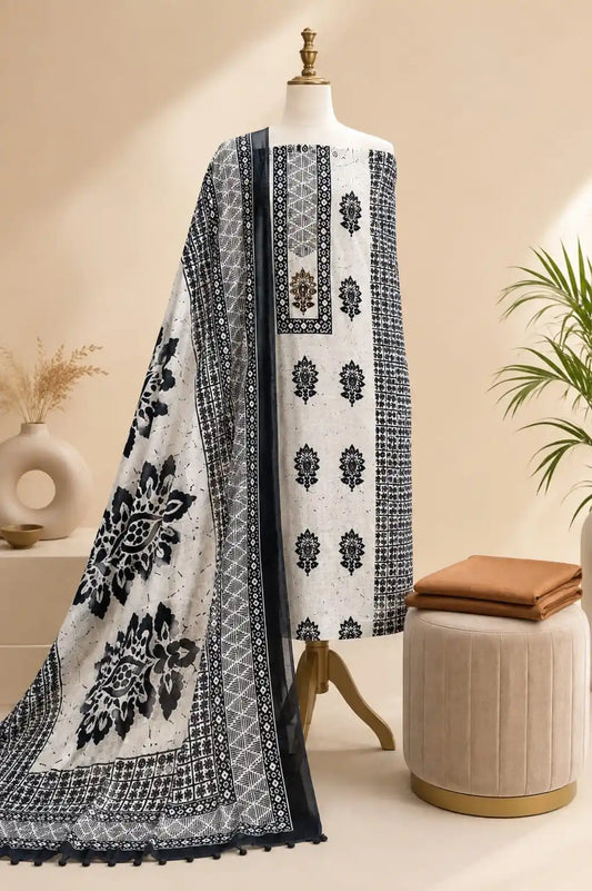 Premium White Cotton Traditional Panel Batik Dress Material with Orange Salwar