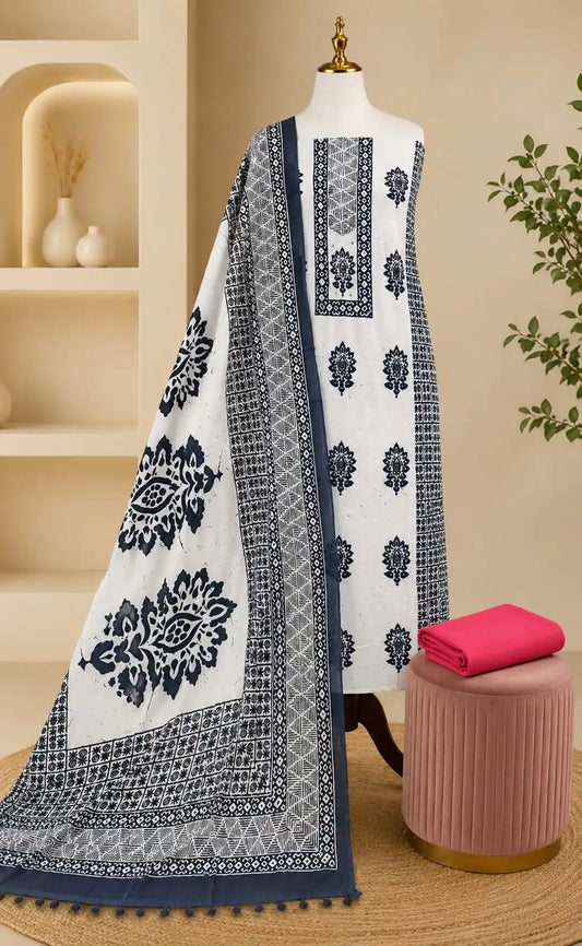 Premium White Cotton Traditional Panel Batik Dress Material with Red Salwar