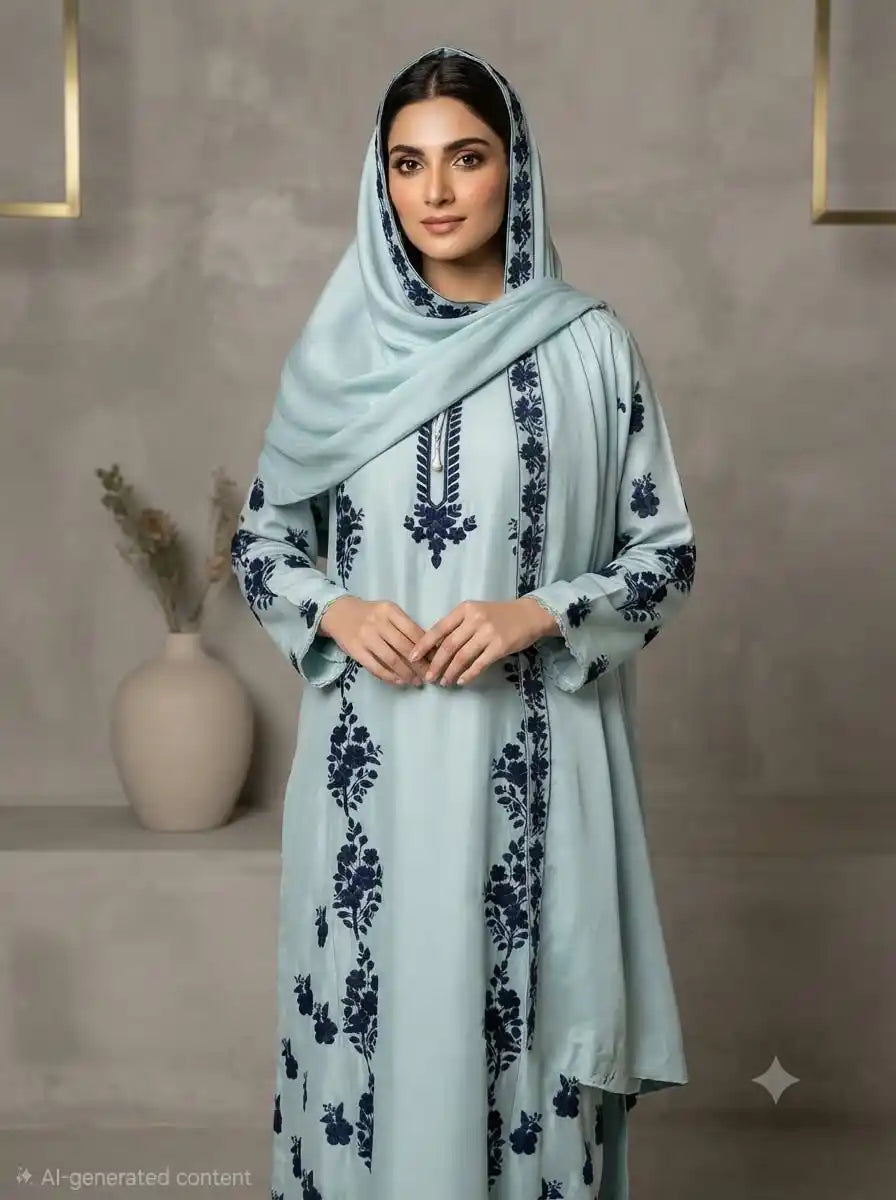Ice Blue Embroidered Straight Suit Set with Navy Blue Floral Work and Matching Dupatta