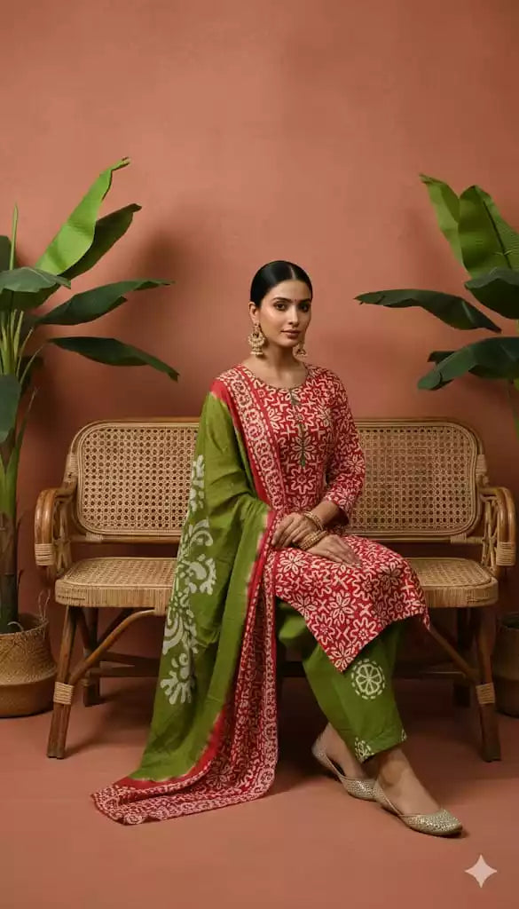 XL Straight cut cotton Handloom Wax  Batik With Salwar & Cotton Dupatta