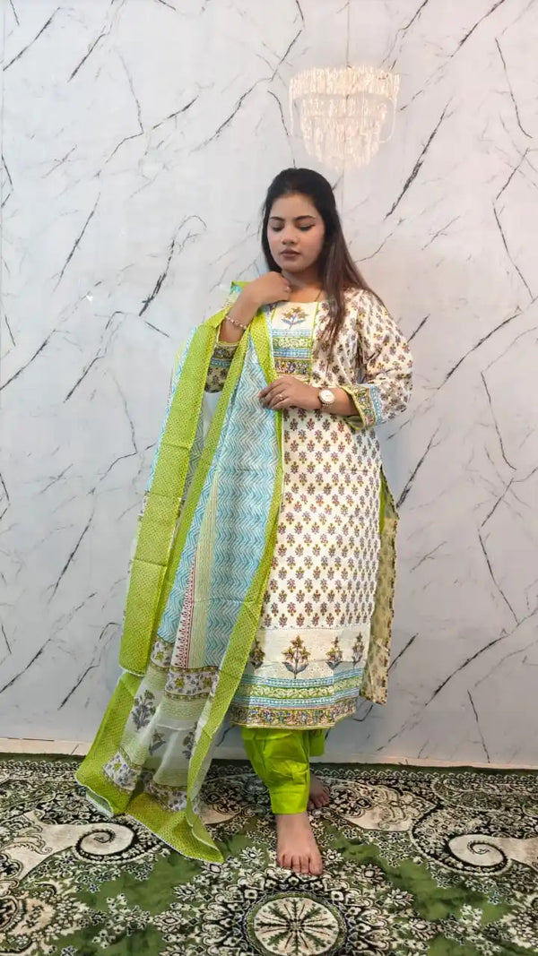 Straight Cut Block Print Cotton Suit With Chikenkari Work & Lining, With Salwar
