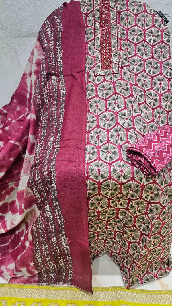 Unstitched Cotton Neck Tie Embroidered Material With Cotton Pant & Cotton Dupatta