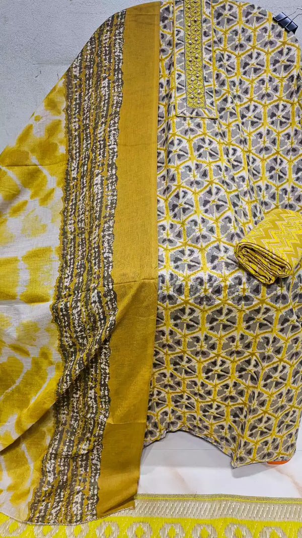 Unstitched Cotton Neck Tie Embroidered Material With Cotton Pant & Cotton Dupatta