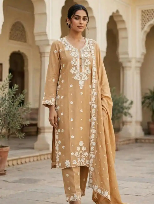 Pakistani Embroidered Designer Beige Suit with Ivory Embroidery - ASC Fashion Store